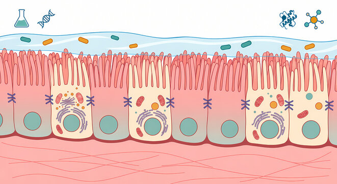 Flat 2D Vector Illustration of Intestinal Epithelial Cells, Microvilli, and Gut Microbiota