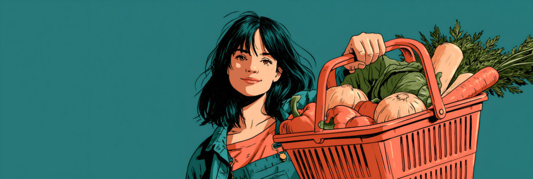 Volunteer holding out a new basket of fresh produce