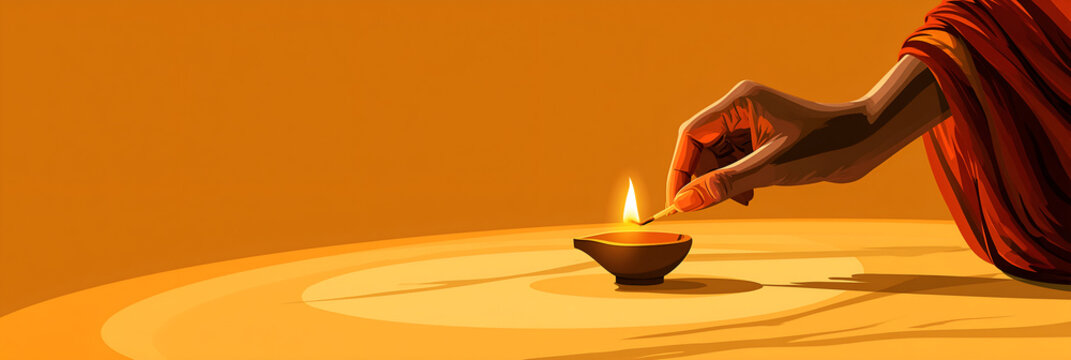Hand lighting a single clay diya lamp on pale marble
