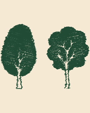 Hand Drawn Deciduous Tree Set with Two Leafy Tree Silhouettes in Green Sketch Style