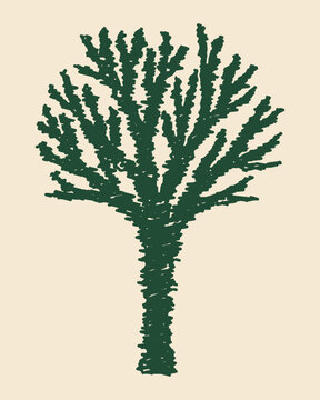 Hand Drawn Branching Shrub Tree Silhouette in Green Sketch Style on Beige Background