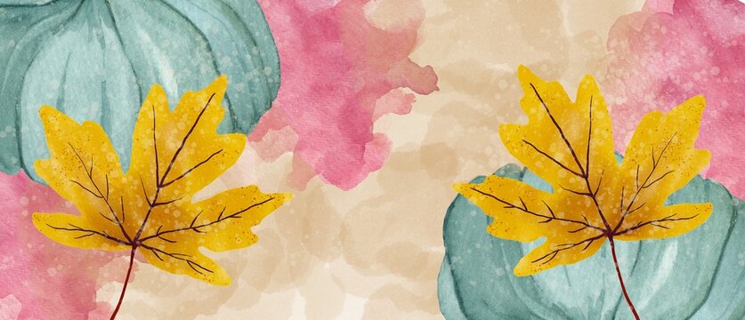 Watercolor Autumn Background with Golden Fall Leaves and Soft Botanical Abstract