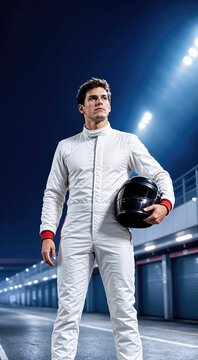 Male race car driver wearing white racing suit standing on pit lane at night holding black helmet under his arm. Low angle portrait of professional racer under stadium lights at motorsport track