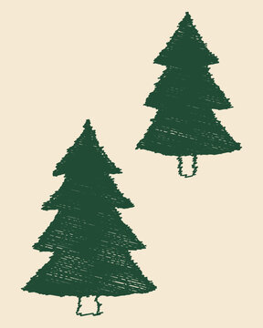 Hand Drawn Evergreen Pine Tree Set with Two Triangular Forest Tree Silhouettes in Dark Green Sketch Style