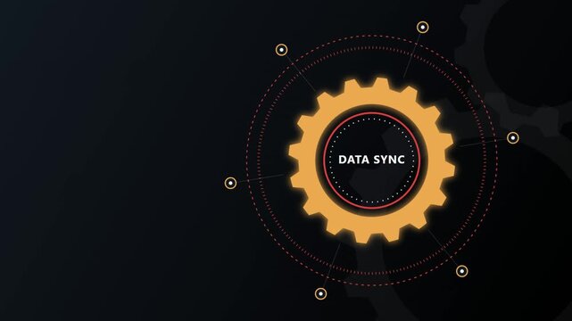 Data sync gear animation with glowing digital interface and network nodes