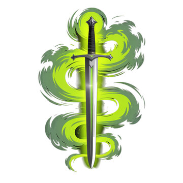 Fantasy poison sword with green magic smoke, medieval enchanted blade icon, toxic glowing longsword for gaming assets