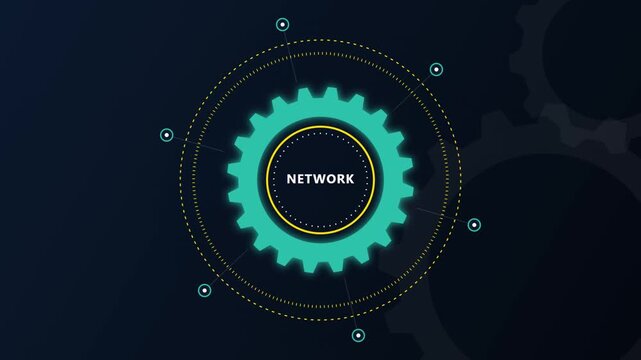 Network gear icon animation with digital circular data connection interface