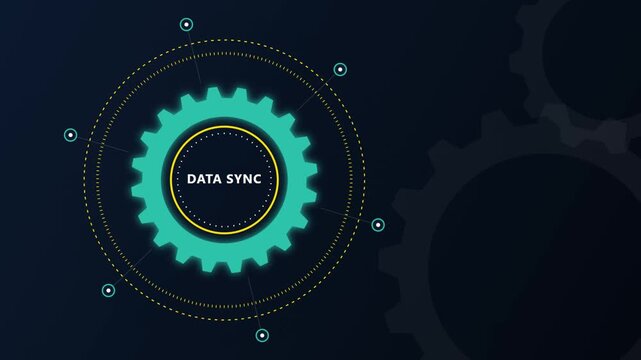 Data sync process with a glowing gear icon and futuristic digital interface