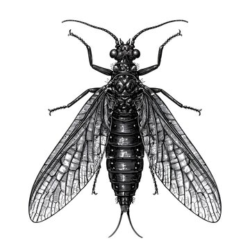 Detailed black and white engraving of an insect with large wings and long antennae
