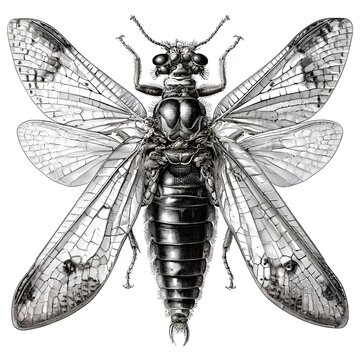 Detailed etching of a dobsonfly with intricate wings and segmented body
