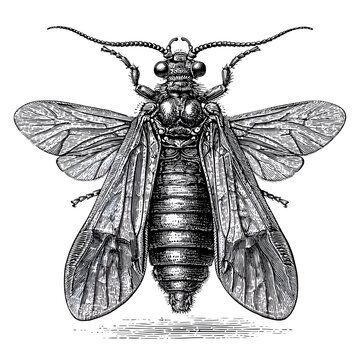 Detailed black and white engraving of a dobsonfly with wings spread