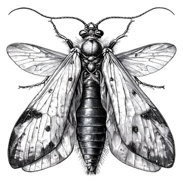 Detailed black and white engraving of a caddisfly insect with large patterned wings spread open, isolated on a white background