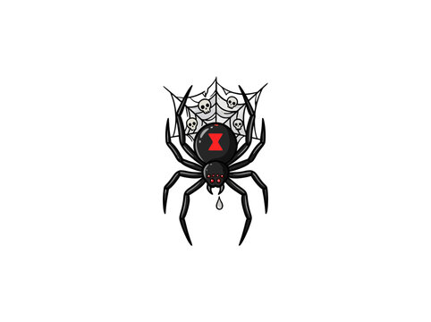 Black Widow Spider Featuring Red Hourglass With Dripping Venom On A Small Web Decorated With Multiple Skulls In Stark Design Vector Illustration
