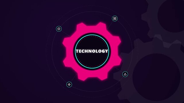 Technology gear icon with glowing neon digital interface elements