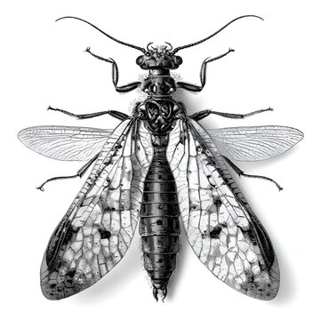 Detailed illustration of a dobsonfly insect, presented in black and white against a clean white background