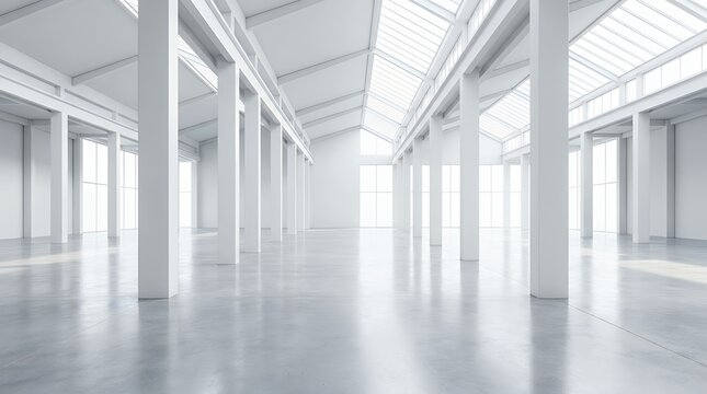 Minimalist architecture shot of an expansive empty industrial interior featuring strong structural white support pillars and a polished gray floor. Bright high key illumination creates a sleek