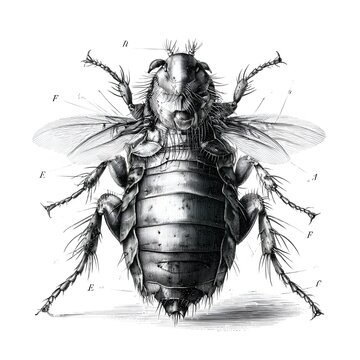 Detailed anatomical illustration of a flea, showing its segmented body, legs, and wings