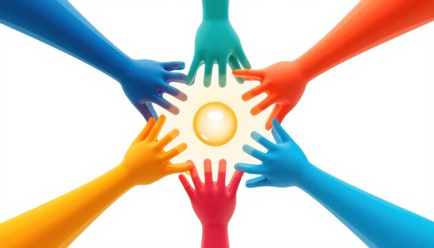 Colorful 3d hands reaching toward a glowing central sphere representing unity with white background symbolize