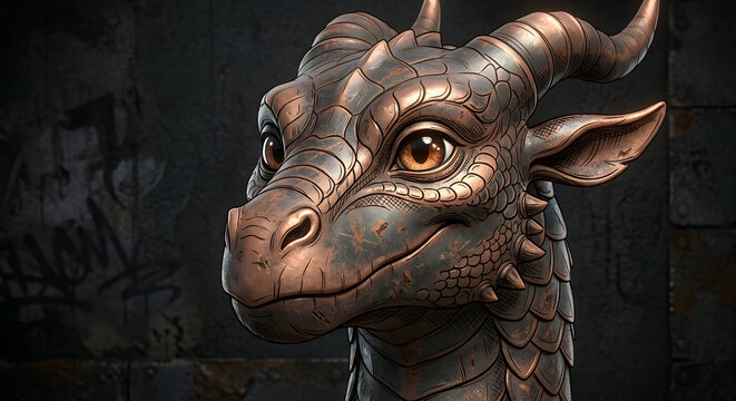 Close-up Portrait of a Friendly Metallic Bronze Dragon with Curved Horns

