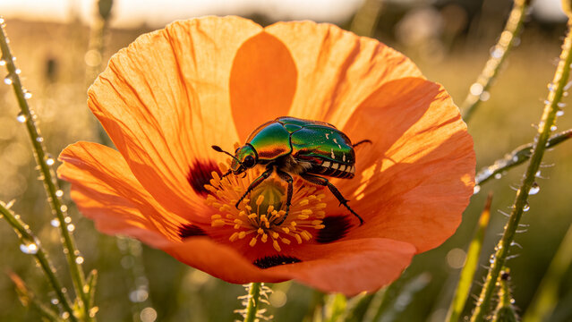 Red Poppy Flower with Bee Feeding on Vibrant Red Blossom in Summer Garden, Macro Closeup of Small Insect and Delicate Flower in Nature