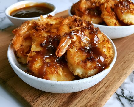 Delicious Crispy Coconut Shrimp with a Rich Dipping Sauce on a Wooden Board