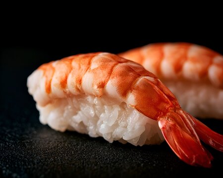 Close-up of Ebi Sushi, nigiri sushi with cooked shrimp on seasoned rice, isolated on black background