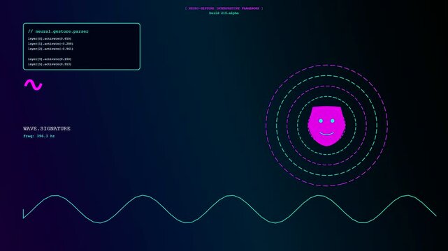 A sequence showing gesture programming displayed on a digital interface featuring a glowing pink human facial silhouette surrounded by concentric pulse rings and undulating sine waves