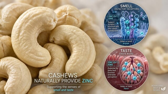 Crunchy cashew nuts scattered on a surface with a detailed scientific inset showing zinc ions interacting within human olfactory receptors and taste buds