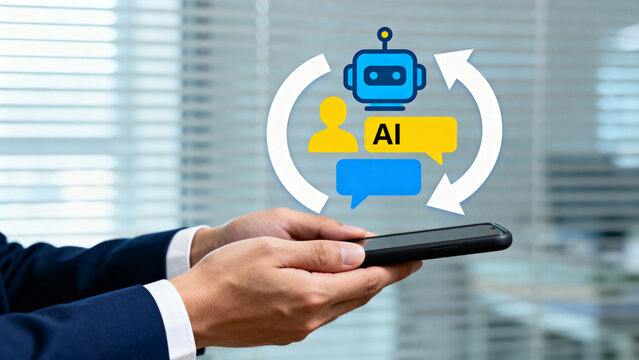 Feedback loop between AI chatbot and human user, through business professional using smartphone to automation, communication, and virtual interaction for customer service and business growth 