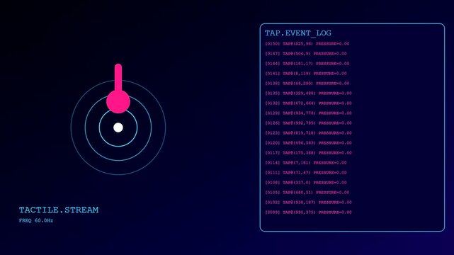 Monitoring gesture programming through an interface showing live data feedback with numeric values and sensor circular ripples captured during a dark digital screen activity session