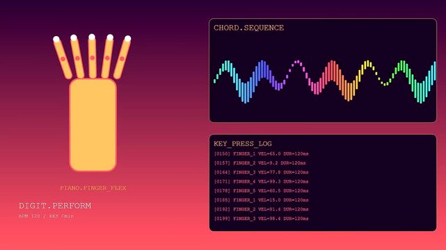 A digital gesture programming display shows robotic hand movements animated with rhythmic waveforms alongside terminal code logs in a smooth shifting multi panel sequence frame
