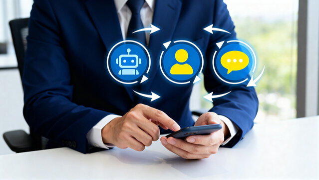 Feedback loop between AI chatbot and human user, through business professional using smartphone to automation, communication, and virtual interaction for customer service and business growth 