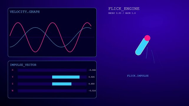 A gesture programming interface displays dynamic sine wave data movements alongside shifting impulse vector bar graphs within a vibrant blue digital motion graphics software control panel environment