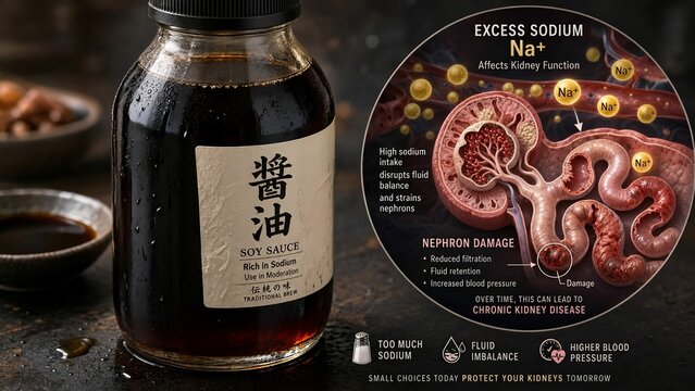 Glass bottle of dark soy sauce featuring a microscopic zoomed inset showing excess sodium ions affecting renal health and kidney function through nephron damage, health concept
