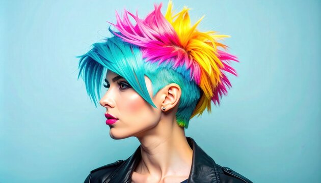Punk Hairstyle Woman with Colorful Neon Mohawk in Profile