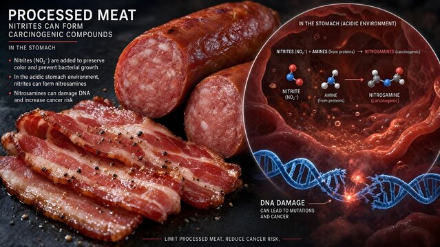 Cooked processed meat like bacon and sausages with a medical science inset showing nitrite molecules forming carcinogenic nitrosamines causing glowing DNA damage in the stomach