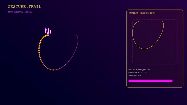 Digital gesture programming interfaces capture circular motion paths on a dark screen while data trackers visualize complex geometric lines within this modern motion graphic
