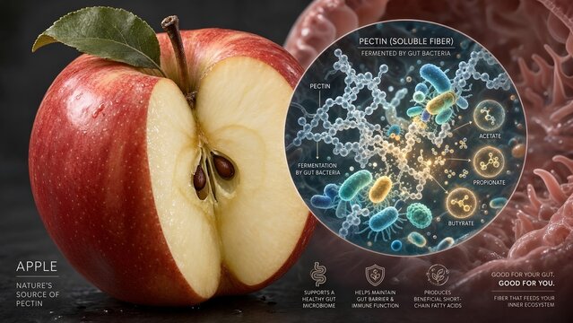 Red apple with a scientific inset illustration showing soluble pectin fiber being fermented by beneficial gut bacteria, represented by glowing microorganisms actively processing nutrients