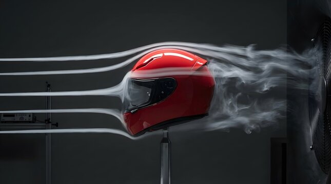Aerodynamic wind tunnel test on a modern red motorcycle helmet showcasing airflow patterns for improved safety and performance design and engineering