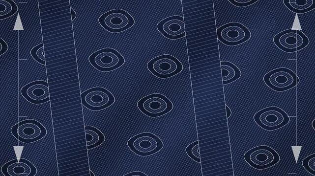 Blueprint cross section sweep through periodic lattice core hatched engineering drawing seamless loop in vibrant blue tones