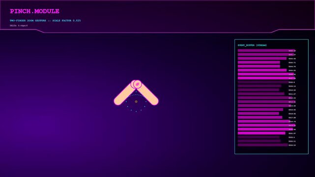A sequence showing gesture programming feedback as a pink geometric icon expands and contracts against a dark digital grid with bars fluctuating in real time