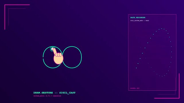Interactive gesture programming interface displays a finger drawing glowing lines across a dark screen showing complex movement paths and data tracking markers within a digital environment