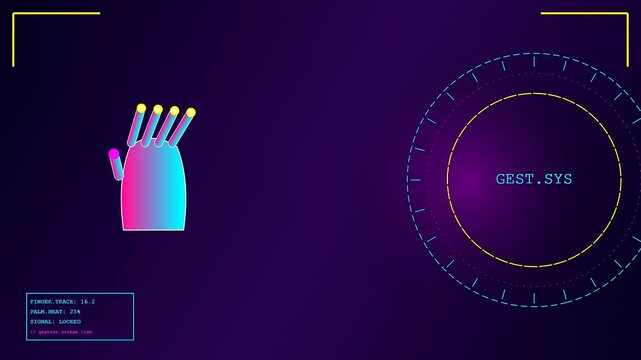 A digital gesture programming interface displays a cybernetic hand model with glowing fingertips tracking motion data within a symmetrical purple gradient environment with subtle monitor grid elements