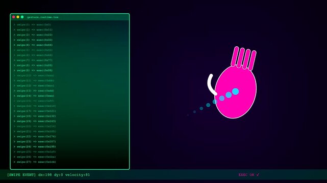 An intricate gesture programming interface shows software lines of code as a glowing pink robotic hand performs digital movements against a deep dark purple void