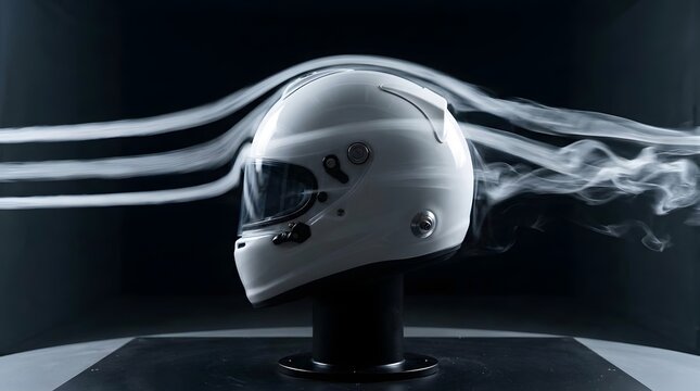 Aerodynamic study of a high-performance white racing helmet in a controlled wind tunnel environment, showcasing intricate airflow patterns and design efficiency for optimal safety and speed