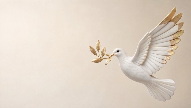 White marble dove in flight carrying olive branch sculpture for International Day of Peace with gold leaf inlay on ivory background 3D render