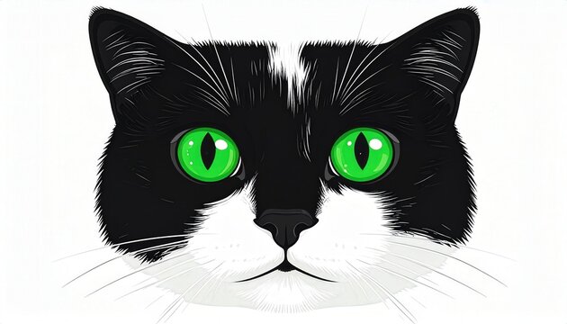 Tuxedo Cat Meme with Vibrant Green Eyes Black and White Vector Art