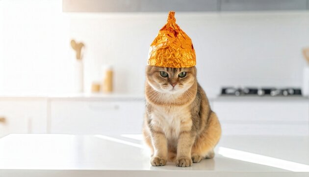 Cat Wearing Shiny Gold Tin Foil Hat Sitting on White Kitchen Counter