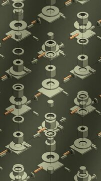 Isometric Exploded View of Machine Parts Separating and Reassembling, Flat Three Tone Seamless Loop in calm moss tones vertical 9:16