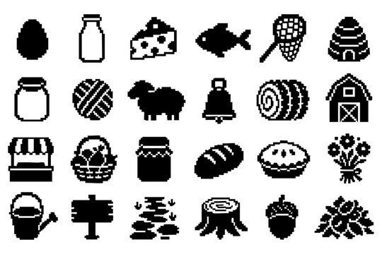 Pixel Art Farm Food Animal and Harvest Icons Set